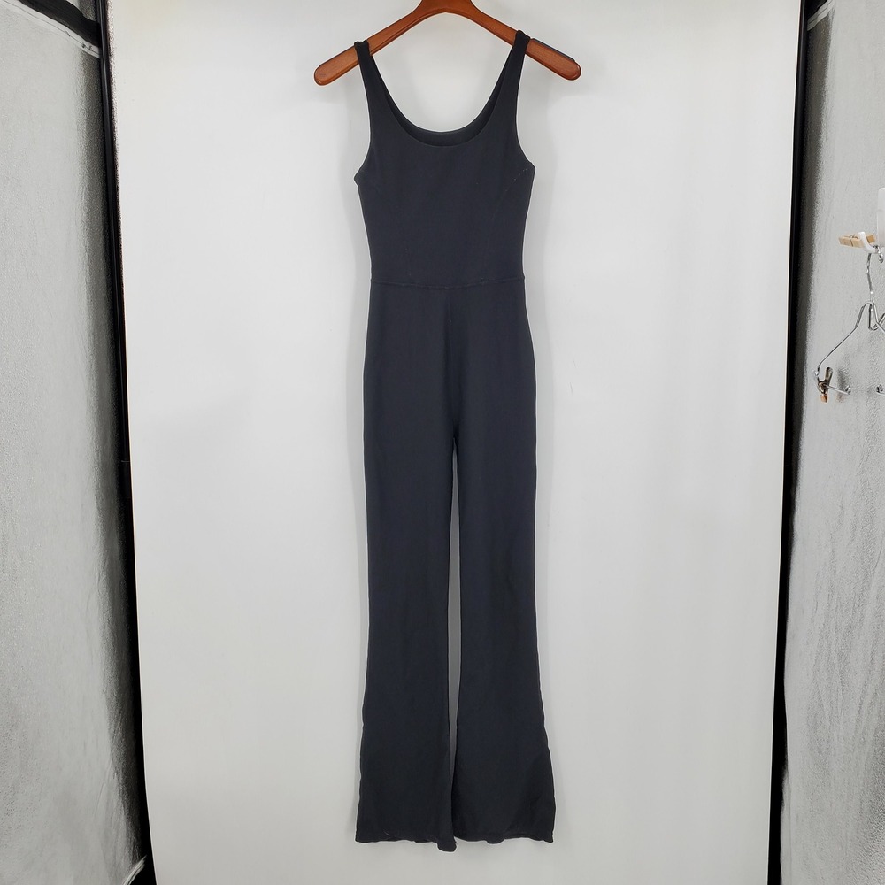 Wilo The Label Black Ribbed Flared Jumpsuit Scoop Neck Athletic One Piece Small